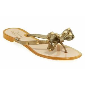 Valentino Rockstud Jelly Bow Bronze Rubber Thong Flat Slide Flip Flop Sandal 35